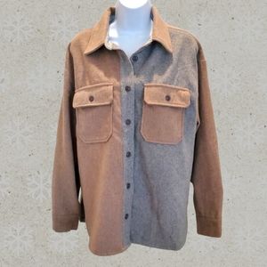 Button front shirt jacket, shacket, gray and taupe, medium, NWT